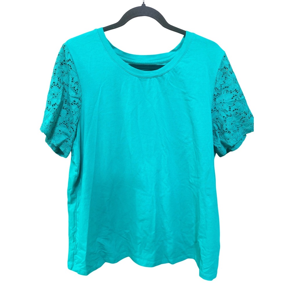 Denim & Co  Green Lace Short Sleeve Knit Top XL Crew Neck T-Shirt